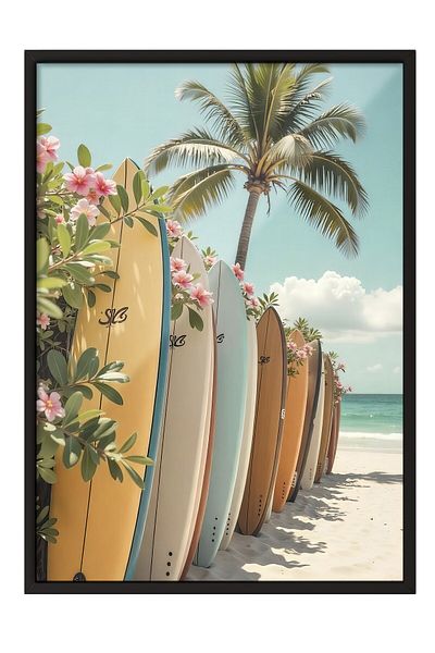 Postifull Black Framed Poster, Surfboard, Photo, Blue Color Poster, 2025 Summer Selection, No:109548