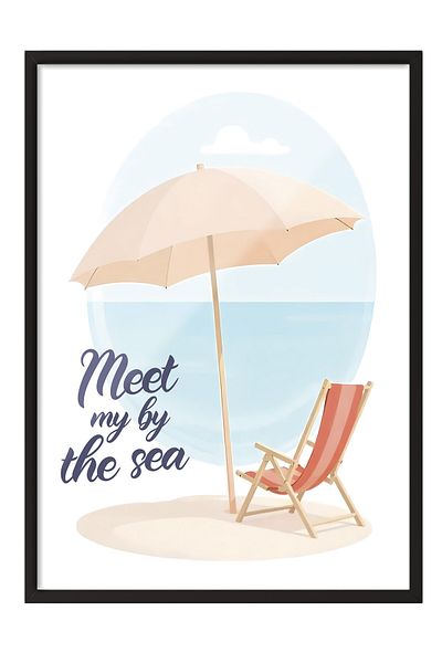 Postifull Black Framed Poster, Seaside Encounter, Illustration, Blue Color Poster, 2025 Summer Selection, N
