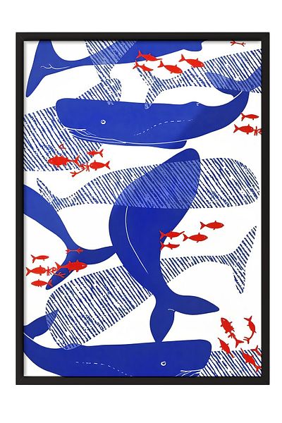 Postifull Black Framed Poster, Blue Whales, Illustration, Blue Color Poster, 2025 Summer Selection, No:109526