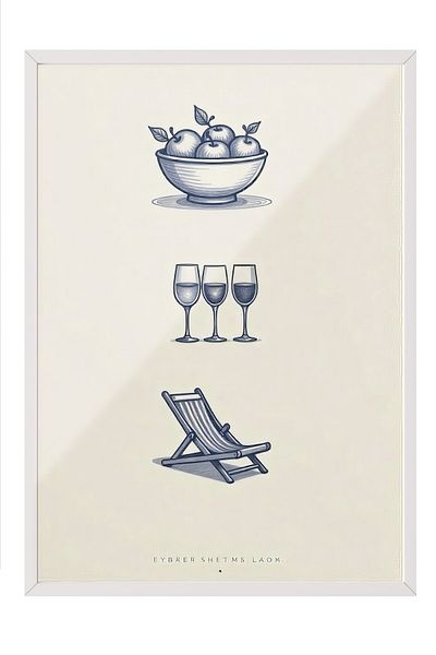 Postifull White Framed Poster, Beach Atmosphere, Illustration, Blue Color Poster, 2025 Summer Selection, No:109568