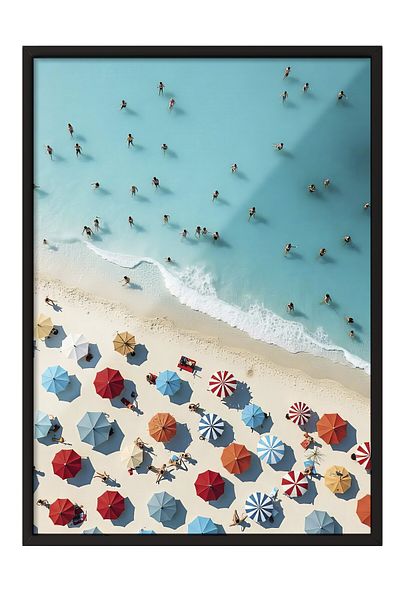 Postifull Black Framed Poster Painting, People on the Beach, Photo, Blue Color Poster, 2025 Summer Selection, No:10