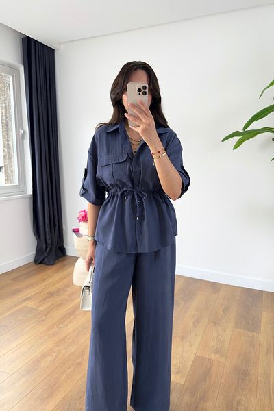 BİRCANÇİL Grow Navy Blue Pocket Detailed Waist Tie Shirt Trousers Set