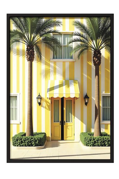 Postifull Black Framed Poster, Yellow House and Palm Trees, Photo, Maximalist, Yellow Color Poster, 2025 Ya