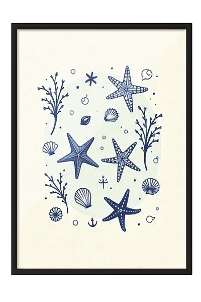 Postifull Black Framed Poster, Seashell, Illustration, Blue Color Poster, 2025 Summer Selection, No:109553