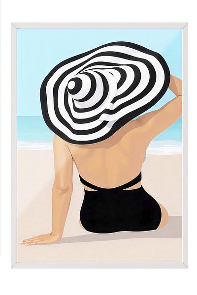 Postifull White Framed Poster, Woman on the Beach, Illustration, Black Color Poster, 2025 Summer Selection, No:109607