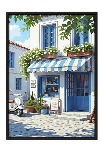 Postifull Black Framed Poster Painting, Intimate Cafe, Illustration, Blue Color Poster, 2025 Summer Selection, No:1095