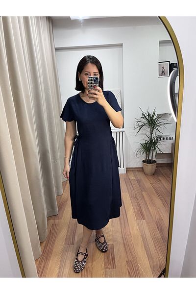 NARKISS Side Tie Short Sleeve Midi Length Navy Blue Dress