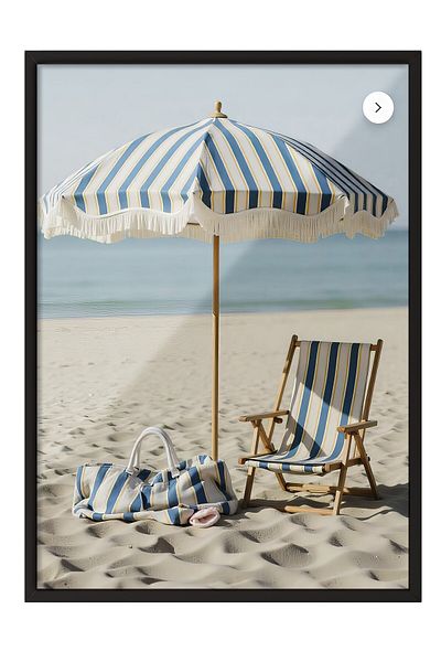 Postifull Black Framed Poster, Beach with Umbrella, Photo, Blue Color Poster, 2025 Summer Selection, No:109524