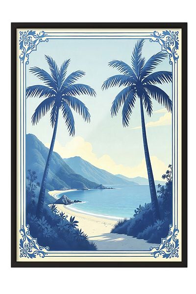 Postifull Black Framed Poster, Palm Seaside, Illustration, Blue Color Poster, 2025 Summer Selection, No:109662
