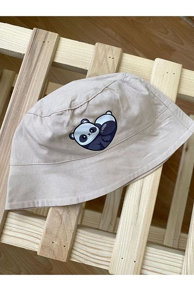 haki dükkan Cream Color Panda Printed Summer Buclet Girl's Hat (Compatible for 1-3 Years)