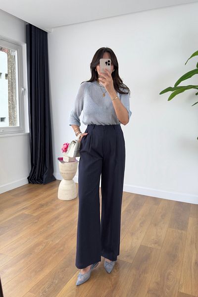 BİRCANÇİL Ulsana Navy Blue Premium Linen Trousers