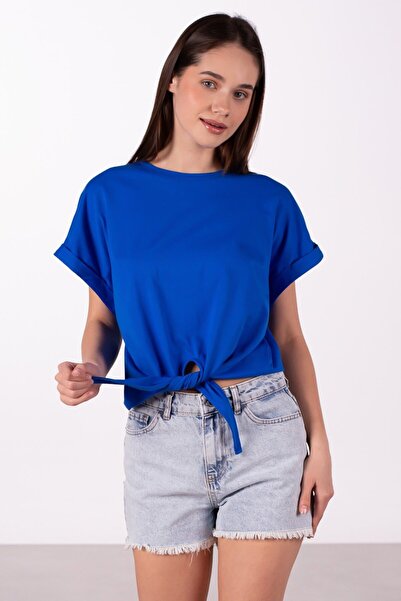 BARRELS AND OIL Women's double sleeve front tie t-shirt - indigo