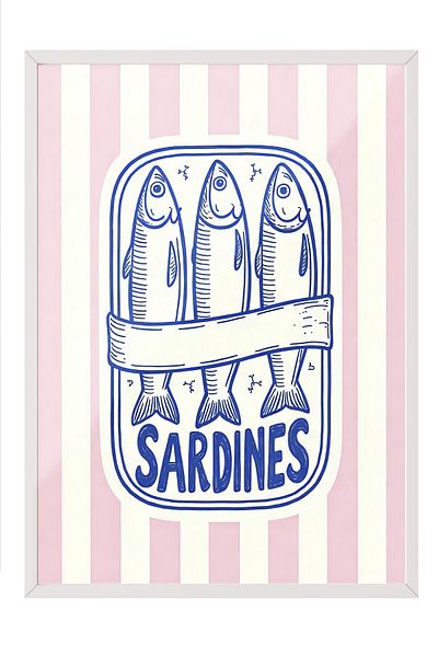 Postifull White Framed Poster, Sardines, Illustration, Blue Color Poster, Summer Selection 2025, No:109556