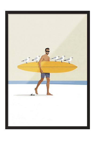 Postifull Black Framed Poster Painting, Birds and Surfer, Illustration, Yellow Color Poster, 2025 Summer Selection, No