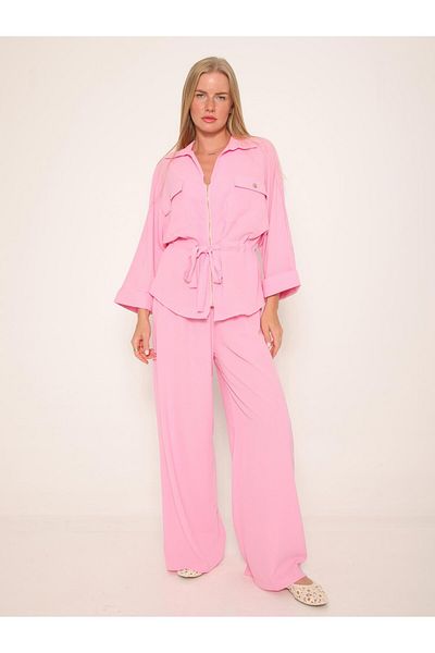 Coral Zippered Shirt Trousers Suit Pink