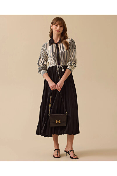 SCL İki Parça Görünümlü Çizgili Pileli Gömlek Elbise