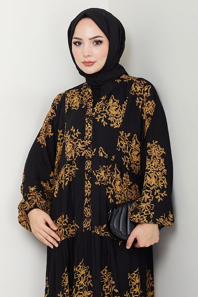 InStyle Judge Collar Patterned Black Viscose Dress