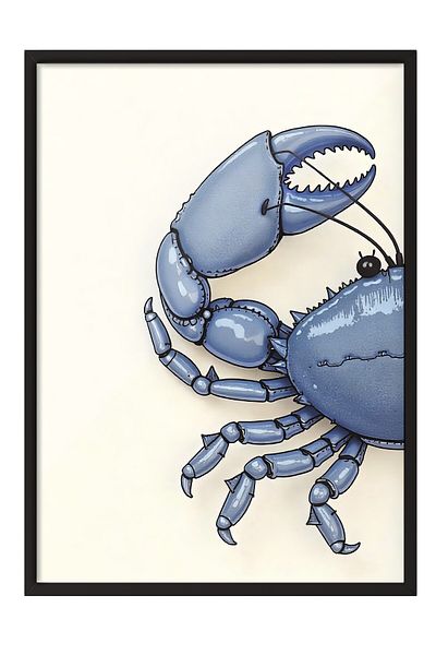 Postifull Black Framed Poster, Crab, Illustration, Blue Color Poster, Summer Selection 2025, No:109573