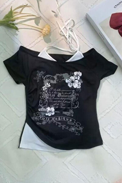 Köstebek Black Nuit Magique Madonna Collar Y2K Short Sleeve Full Body Crop T-Shirt with Additional Strap