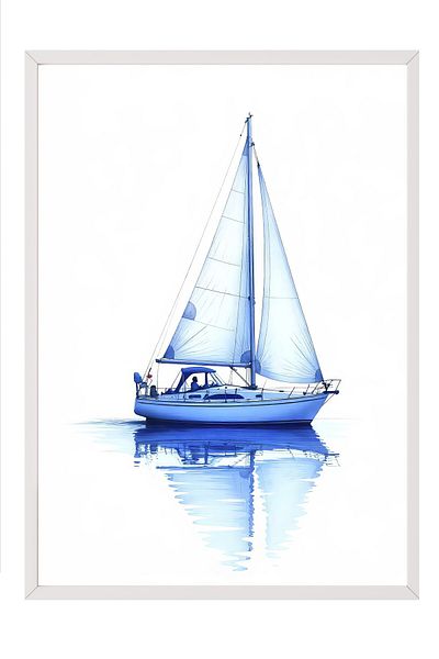 Postifull White Framed Poster, Sailboat, Oil Painting, Blue Color Poster, 2025 Summer Selection, No:109663
