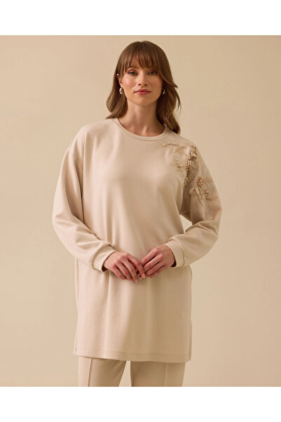 SCL İşlemeli Omuz Detaylı Uzun Sweatshirt