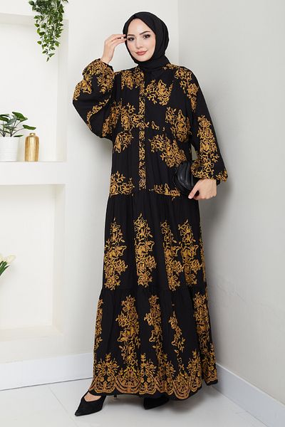 InStyle Judge Collar Patterned Black Viscose Dress
