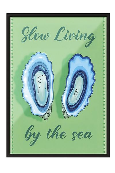 Postifull Black Framed Poster, Slow Life by the Sea, Illustration, Blue Color Poster, Summer of 2025