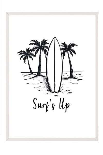 Postifull White Framed Poster, Surf Time, Illustration, Black & White Color Poster, 2025 Summer Selection, No:1