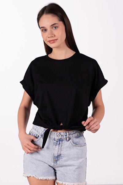 BARRELS AND OIL Women's double sleeve front tie t-shirt - black