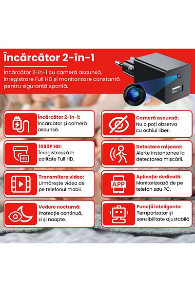 Spionescu Charger with hidden camera Full HD 1080P, VD005, WIFI, night vision, motion detection