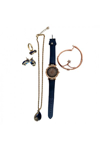 OEM Women's Watch with Gold and Blue Jewelry Set