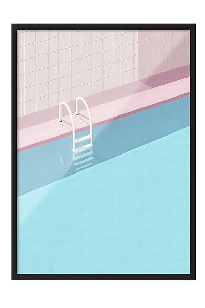 Postifull Black Framed Poster, Poolside, Illustration, Blue Color Poster, 2025 Summer Selection, No:109589