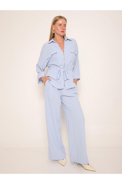 Coral Zippered Shirt Trousers Suit Blue