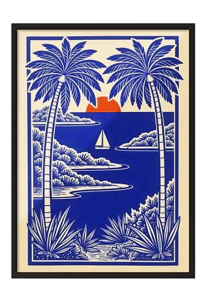 Postifull Black Framed Poster, Palm Trees and Sunset, Illustration, Blue Color Poster, 2025 Summer Choose