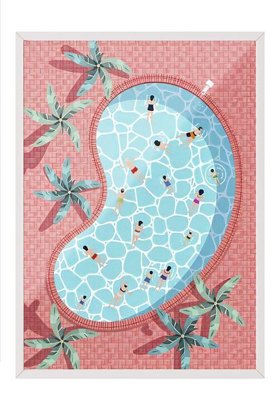 Postifull White Framed Poster, Rich Pool, Illustration, Maximalist, Pink Color Poster, 2025 Summer Selection,