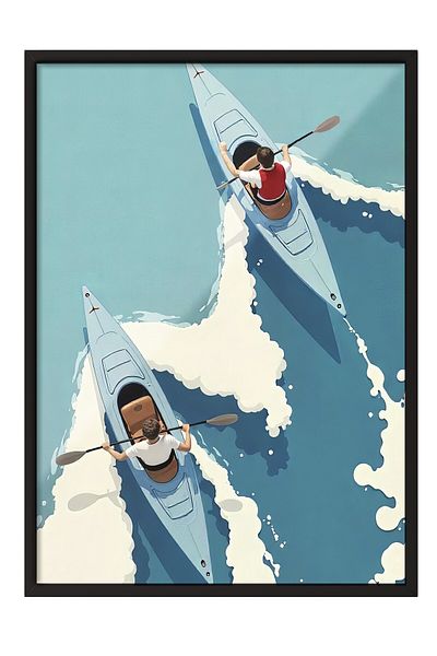 Postifull Black Framed Poster, Men on a Boat, Illustration, Blue Color Poster, 2025 Summer Selection, No:1096