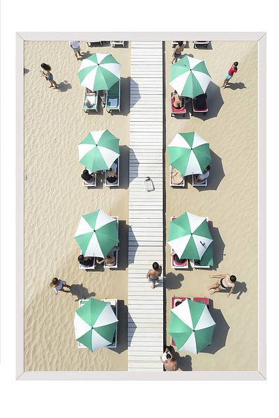 Postifull White Framed Poster Painting, Beach and Umbrellas, Photo, Blue Color Poster, 2025 Summer Selection, No:1
