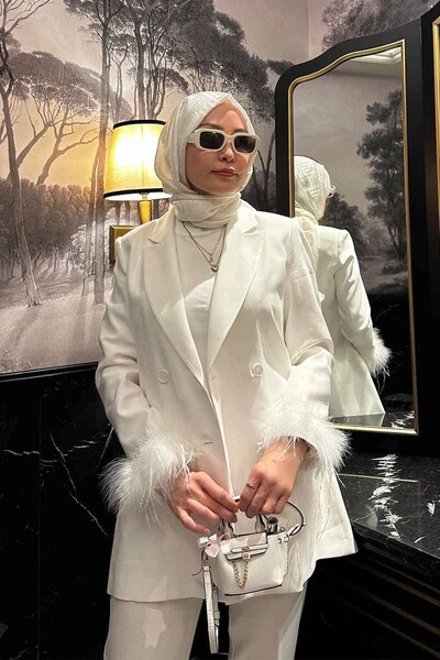 ByBensu Premium Ceket Beyaz Otrişli