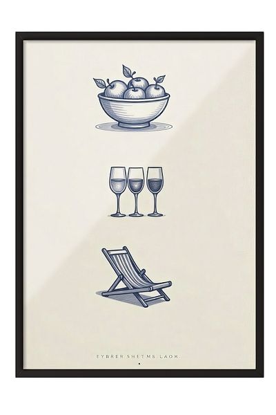 Postifull Black Framed Poster, Beach Atmosphere, Illustration, Blue Color Poster, 2025 Summer Selection, No:109568