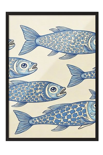 Postifull Black Framed Poster, Fish, Illustration, Blue Color Poster, 2025 Summer Selection, No:109586