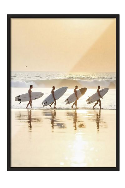 Postifull Black Framed Poster, Four Surfers, Photo, Yellow Color Poster, 2025 Summer Selection, No:109534