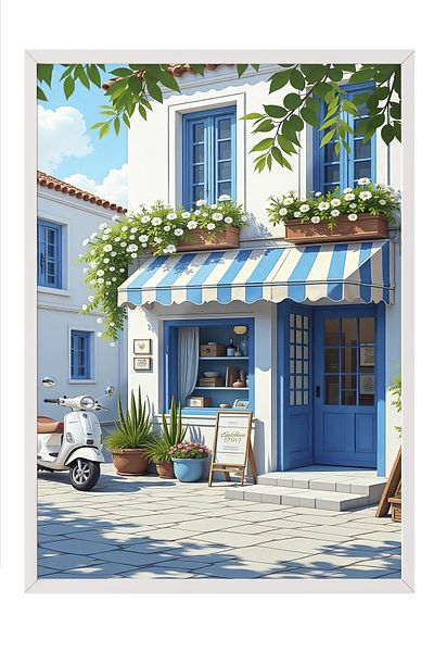 Postifull White Framed Poster Painting, Intimate Cafe, Illustration, Blue Color Poster, 2025 Summer Selection, No:1095