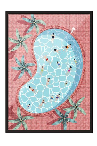 Postifull Black Framed Poster, Rich Pool, Illustration, Maximalist, Pink Color Poster, 2025 Summer Selection,
