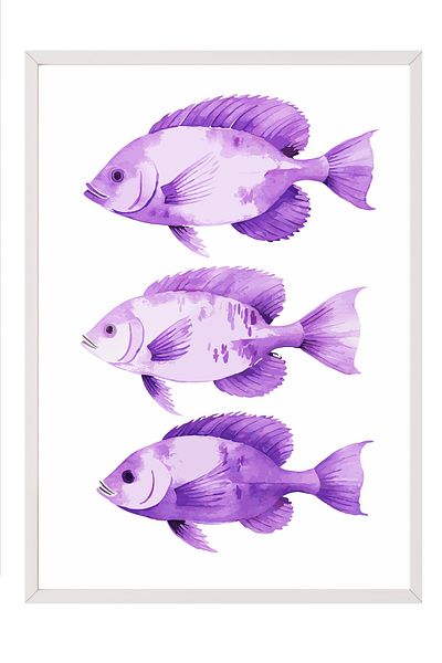 Postifull Pictură cu cadru alb, pește, acuarelă, poster de culoare violet, selecție de vară 2025, NR:109874