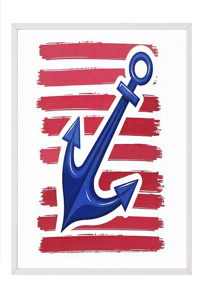 Postifull White Framed Poster, Sea Anchor, Illustration, Blue Color Poster, 2025 Summer Selection, No:109571