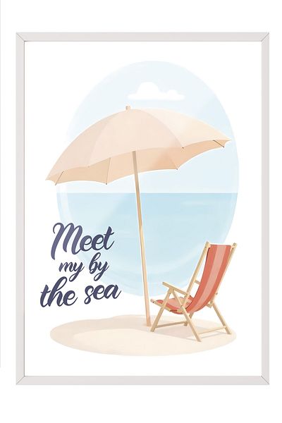 Postifull White Framed Poster, Seaside Encounter, Illustration, Blue Color Poster, 2025 Summer Selection, N