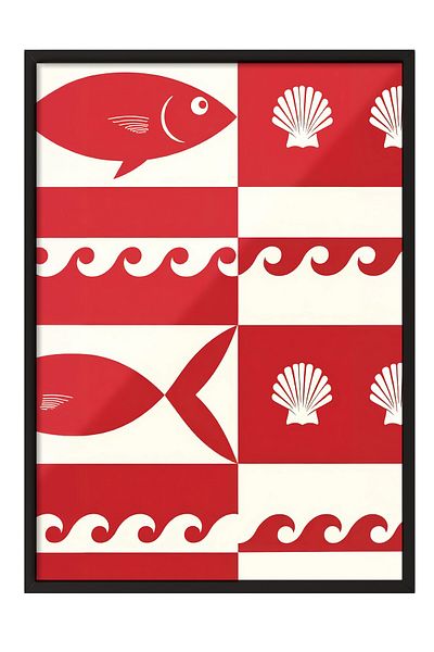 Postifull Black Framed Poster Painting, Fish and Shells, Illustration, Red Color Poster, 2025 Summer Selection
