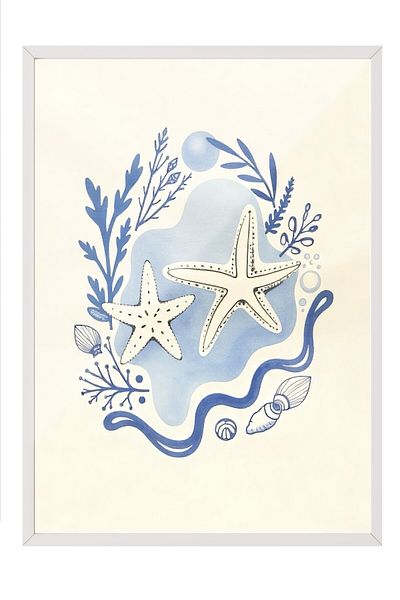 Postifull Poster cu cadru alb, scoici de mare, ilustrație, poster de culoare albastră, selecție de vară 2025, NR:109552