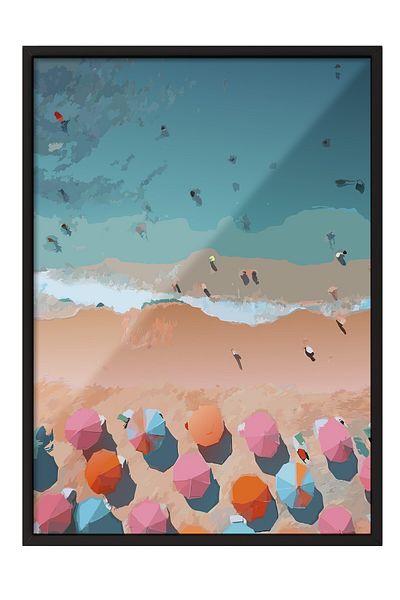 Postifull Black Framed Painting, Beach, Umbrellas, Ocean, Illustration, Contemporary, Multicolor, Blue Color