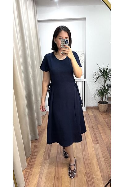NARKISS Side Tie Short Sleeve Midi Length Navy Blue Dress